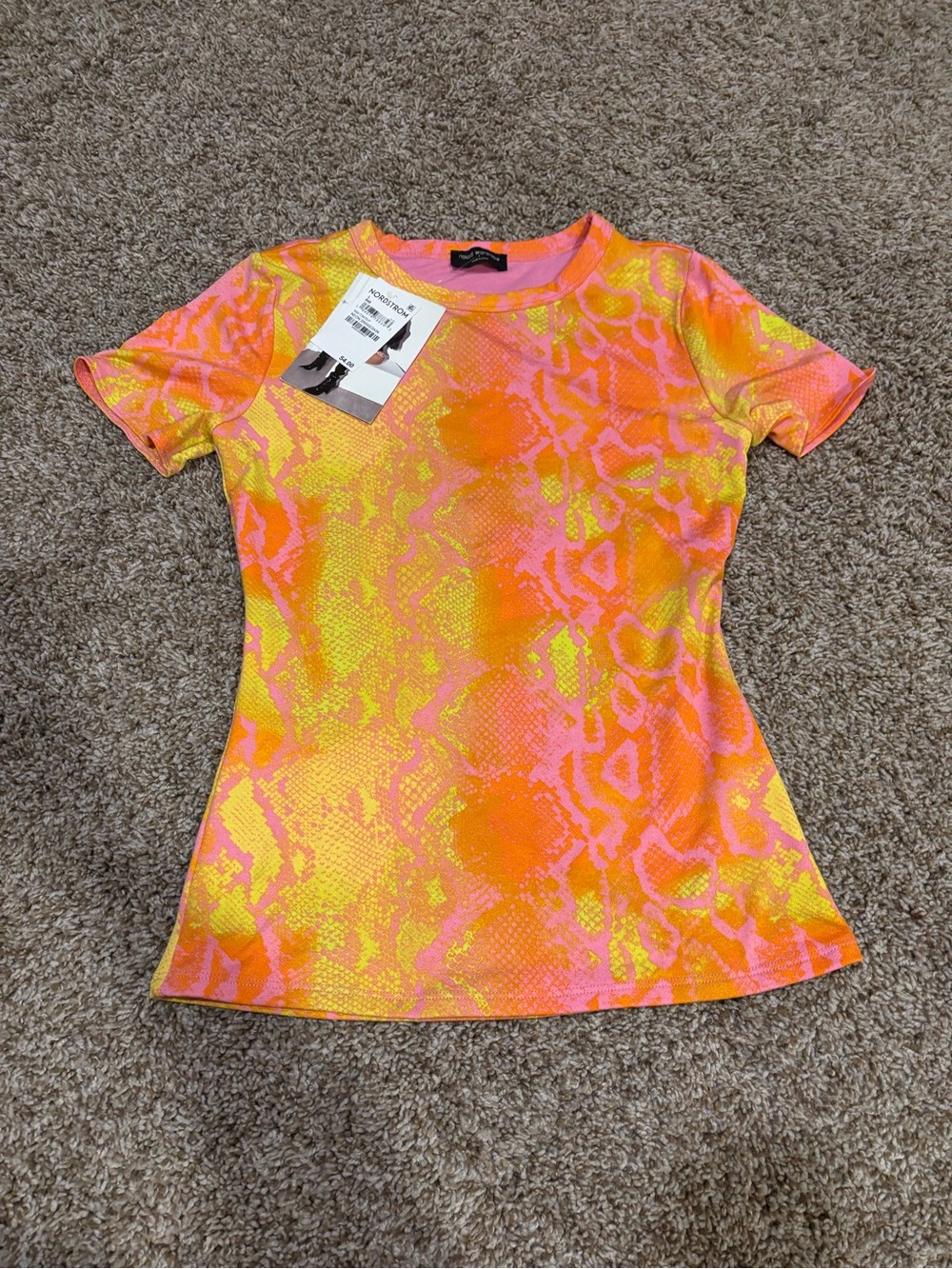 Nordstrom Naked Wardrobe Neon Pink & Yellow Snake-Print Short Sleeve Top